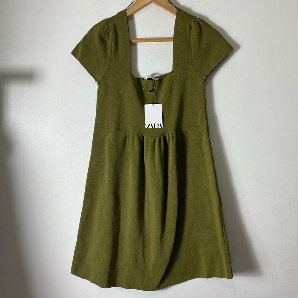 Zara Green Stretchy Knit Square Neck Skater Mini Dress - Picture 8 of 12